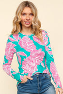 FLORAL FITTED LONG SLEEVE SMOOTH KNIT TOP