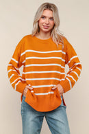Plus Rust Loose Fit Pullover Stripe Sweater