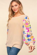 TAUPE MULTI COLOR FLORAL SEQUINS MESH SLEEVE TOP