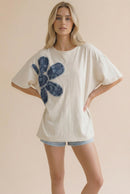 DROP SHOUDLER DENIM FLORAL PATCHWORK SLUB KNIT TOP