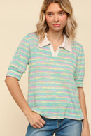 COLLARED NOTCH NECK MULTICOLOR STRIPE TOP