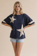 STAR PATCHWORK COTTON BLENDED SLUB KNIT TOP