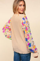TAUPE MULTI COLOR FLORAL SEQUINS MESH SLEEVE TOP