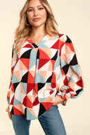 SMOCKED BUBBLE LONG SLEEVE GEOMETRIC WOVEN