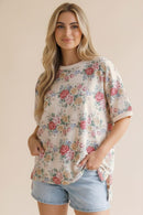 SHORT SLEEVE OVERSIZED LOOSE FIT  FLORAL KNIT TOP