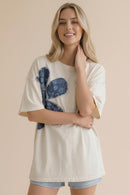 DROP SHOUDLER DENIM FLORAL PATCHWORK SLUB KNIT TOP