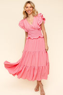 FLUTTER DOUBLE SHORT SLEEVE WOVEN MAXI DRESS