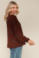 BLACK/ORANGE LONG SLEEVE V NECK WOVEN BLOUSE