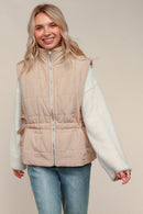 TAUPE HIGH NECK ZIP UP QUILTED PUFFER VEST