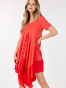 WOMEN'S SHORT SLEEVE V-NECK TUNIC FRONT POCKETS HIGH LOW MINI DRESS