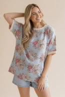 SHORT SLEEVE OVERSIZED LOOSE FIT  FLORAL KNIT TOP