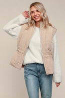 TAUPE HIGH NECK ZIP UP QUILTED PUFFER VEST