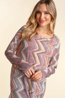 WINE BOHO ABSTRACT ROUND NECK LONG SLEEVE KNIT TOP