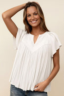 PLUS NOTCH NECK RAGLAN FLUTTER SHIRRED YOKE BLOUSE