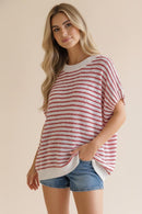 PLUS DOLMAN SHORT SLEEVE STRIPE SWEATER KNIT TOP