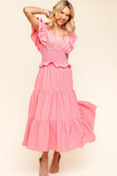 FLUTTER DOUBLE SHORT SLEEVE WOVEN MAXI DRESS