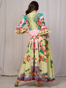 WOMEN'S 3/4 SLEEVES BUTTON UP FRONT POCKETS MULTI PRINT MAXI DRESS