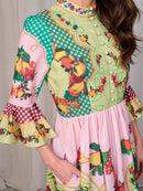 WOMEN'S 3/4 SLEEVES BUTTON UP FRONT POCKETS MULTI PRINT MAXI DRESS