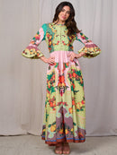 WOMEN'S 3/4 SLEEVES BUTTON UP FRONT POCKETS MULTI PRINT MAXI DRESS
