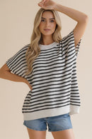 PLUS DOLMAN SHORT SLEEVE STRIPE SWEATER KNIT TOP