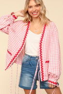 RIBBON TIE GINGHAM OVERSIZED JACKET W/ POCKET
