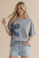 DROP SHOUDLER DENIM FLORAL PATCHWORK SLUB KNIT TOP