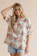 SHORT SLEEVE OVERSIZED LOOSE FIT  FLORAL KNIT TOP