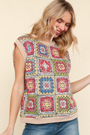 DOLMAN FLORAL CROCHET PRINT THERMAL KNIT TOP