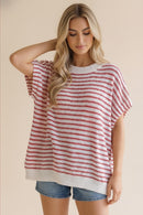 PLUS DOLMAN SHORT SLEEVE STRIPE SWEATER KNIT TOP