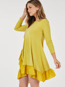 WOMEN'S 3/4 SLEEVE LOOSE FIT RUFFLE DETAILED HIGH-LOW MINI DRESS