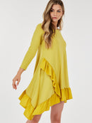 WOMEN'S 3/4 SLEEVE LOOSE FIT RUFFLE DETAILED HIGH-LOW MINI DRESS