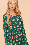 GREEN FLORAL LONG SLEEVE BABYDOLL SWING DRESS