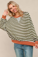 PLUS CREW NECK LOOSE FIT STRIPE PULLOVER KNIT TOP