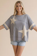 STAR PATCHWORK COTTON BLENDED SLUB KNIT TOP