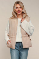 TAUPE HIGH NECK ZIP UP QUILTED PUFFER VEST