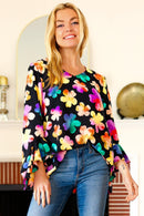 Be Bold Black Floral Hi-Lo Ruffle Sleeve Woven Top (Open Pack)