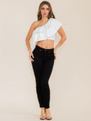 WOMEN'S SLEEVELESS ONE SHOULDER RUFFLE CROP TOP