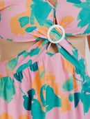PLUS SIZE SHORT SLEEVE V-NECK CUT OUT SIDE SLIT FLORAL MAXI DRESS