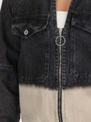 WOMEN'S LONG SLEEVE ZIP UP FRONT POCKETS GRAPHIC COLORBLOCK DENIM JACKET