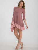 WOMEN'S 3/4 SLEEVE LOOSE FIT RUFFLE DETAILED HIGH-LOW MINI DRESS