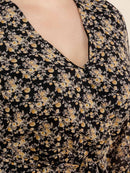 PLUS SIZE 3/4 SLEEVES SURPLICE ELASTIC WAIST SELF TIE FLORAL PRINT MIDI DRESS