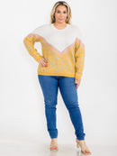 PLUS SIZE LONG SLEEVE COLORBLOCK ANIMAL PRINT PULLOVER SWEATER