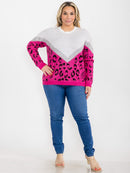 PLUS SIZE LONG SLEEVE COLORBLOCK ANIMAL PRINT PULLOVER SWEATER