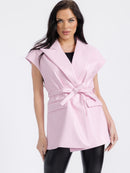 WOMEN'S SLEEVELESS BUTTON CLOSURE SELF TIE FRONT POCKETS PU PLEATHER VEST