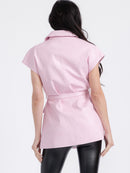 WOMEN'S SLEEVELESS BUTTON CLOSURE SELF TIE FRONT POCKETS PU PLEATHER VEST