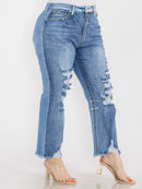 PLUS SIZE BUTTON CLOSURE POCKETS WIDE LEG DISTRESS DENIM PANTS