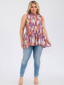 PLUS SIZE SLEEVELESS HALTER NECK MULTI PRINT TANK TOP