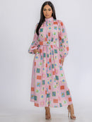 WOMEN'S LONG SLEEVE BUTTON UP BELTED POCKETS MULTI PRINT MAXI DRESS
