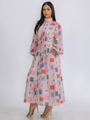 WOMEN'S LONG SLEEVE BUTTON UP BELTED POCKETS MULTI PRINT MAXI DRESS