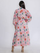 WOMEN'S LONG SLEEVE BUTTON UP BELTED POCKETS MULTI PRINT MAXI DRESS